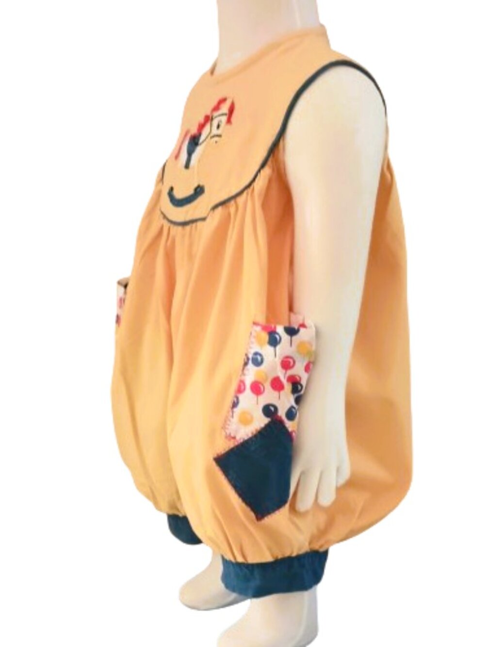 Vtg Yellow Rocking Horse Romper 0-6m Embroidered Short Sleeveless Balloon Pocket